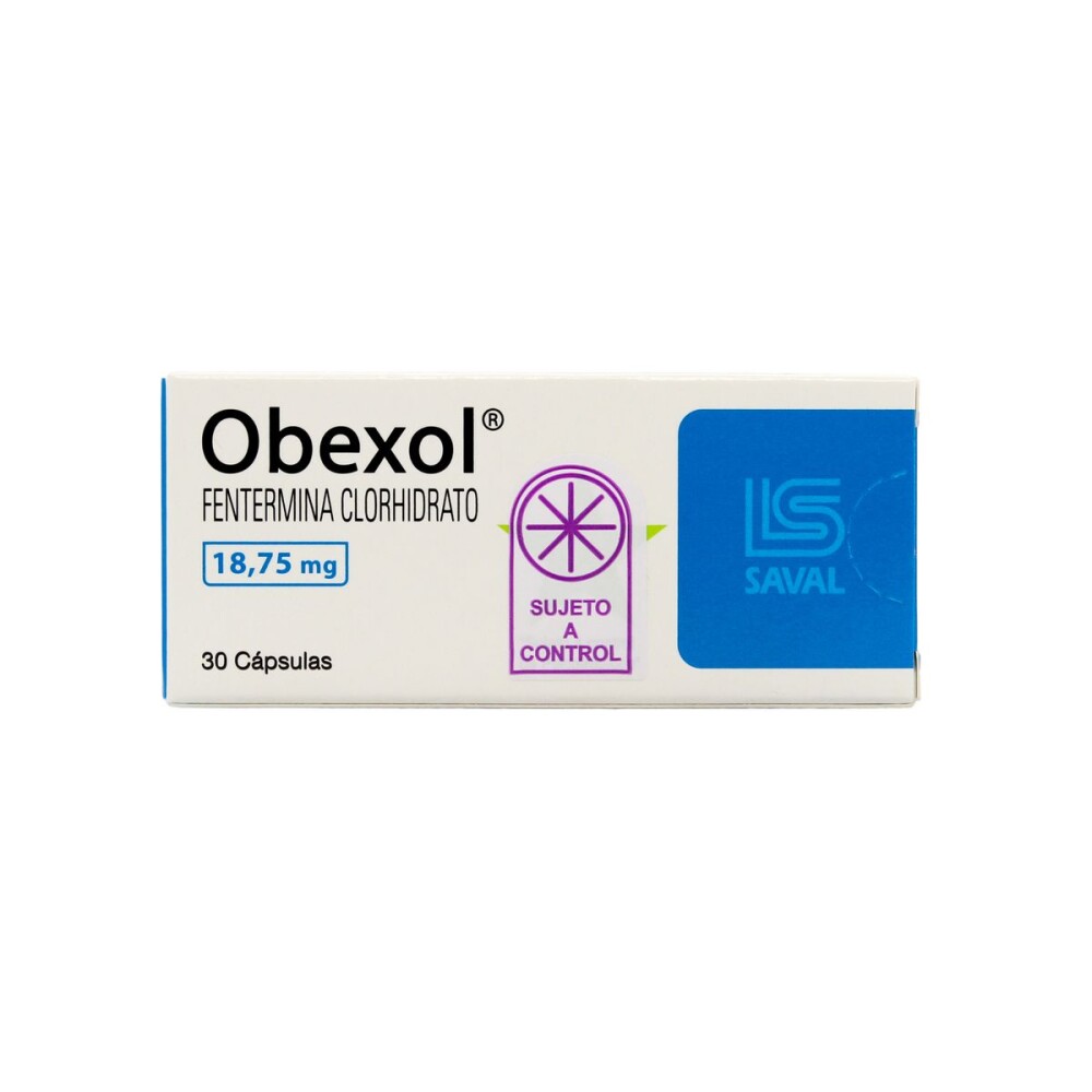Obexol · Fentermina · 18.75 mg · 30 caps. — embalagem do produto