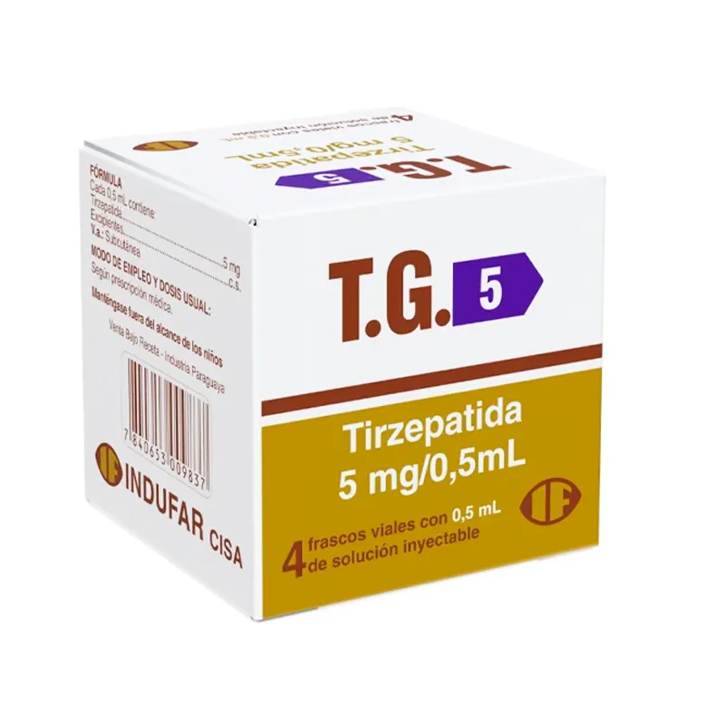 T.G. · Tirzepatida · 5 mg · 4 viales — embalagem do produto